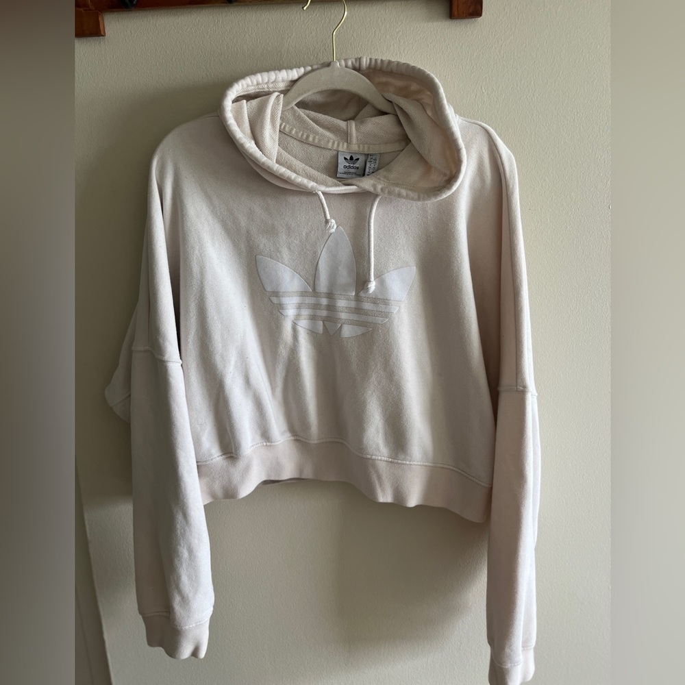 Adidas Cream Cropped Hoodie Sweatshirt